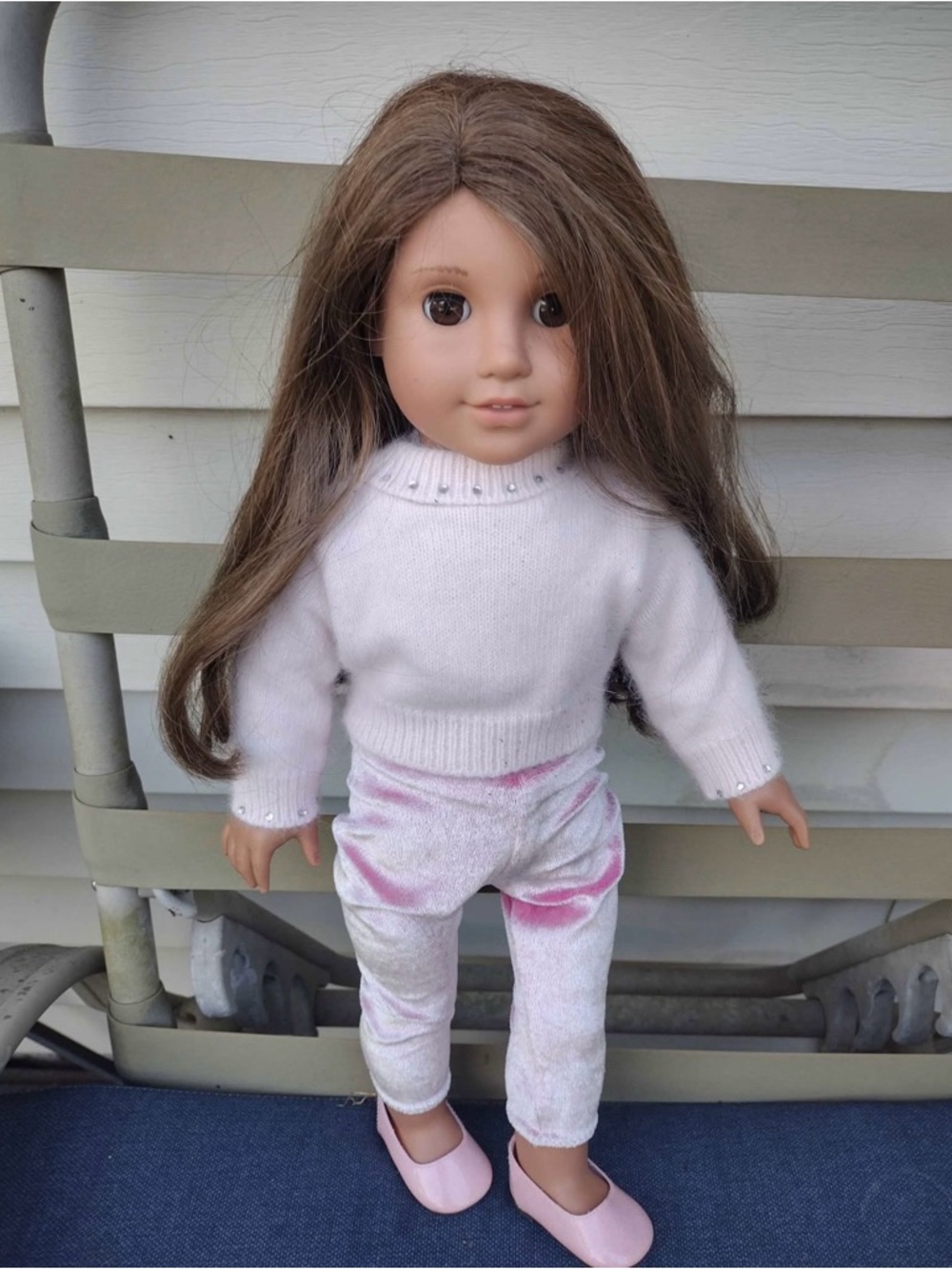American Girl White Sweater with Light Pink Velvet-Effect Pants and Shoes